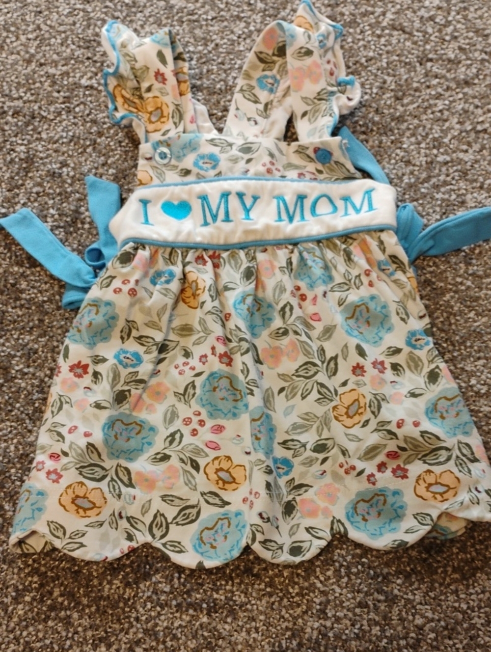 Girls Floral Sundress with "I ♥ MY MOM" Embroidery - Blue & Cream